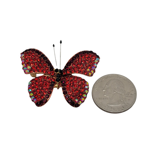 Goldtone Round Red Czech Crystal with Red Enamel Butterfly Brooch Pendant - Picture 3 of 5